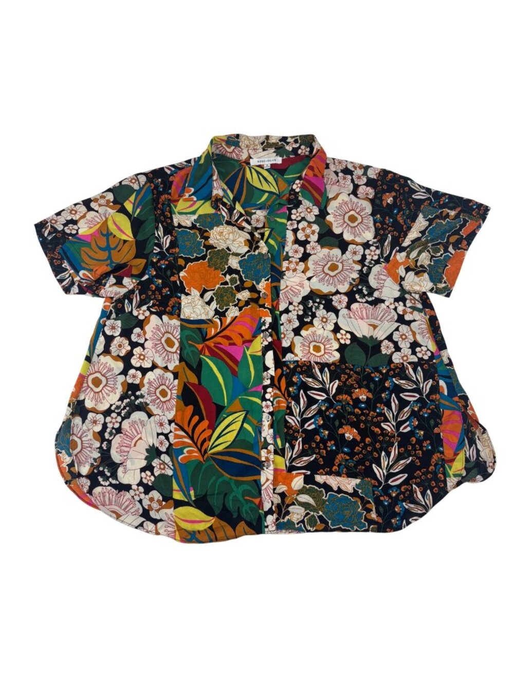 ✨3/$30 Rose + Olive 1X Floral Button-Up Blouse Short Sleeve Colorful Shirt Artsy